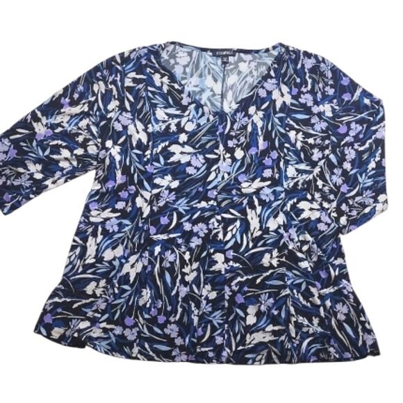 Roz & Ali Black Purple Blue Floral Quarter Sleeve Peplum Blouse Plussize 1X - Picture 1 of 12